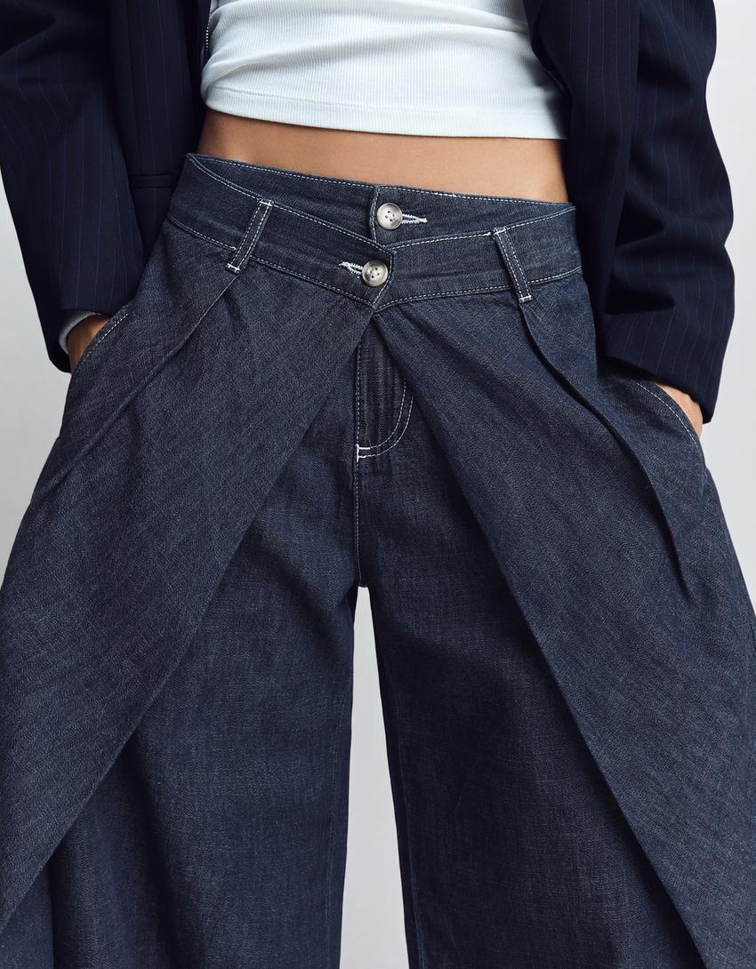 Jeans balloon plissés taille basse-Marine