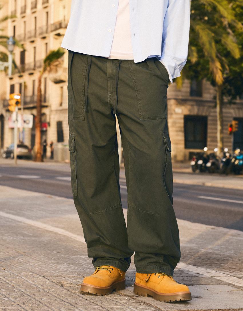 Spodnie cargo o kroju baggy-Khaki