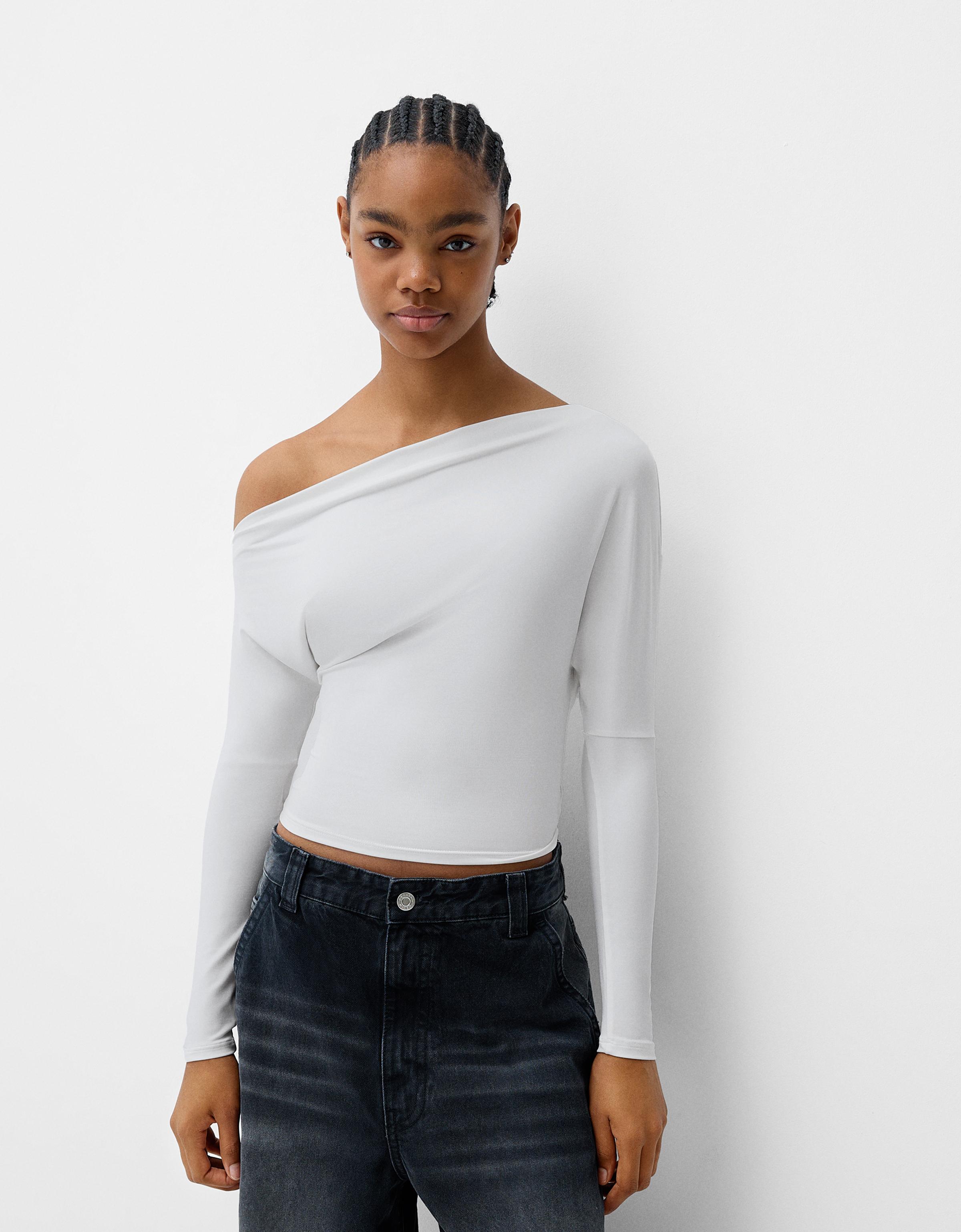 Bershka Asymmetrisches Langarmshirt Damen Xs Grbrochenes Weiss