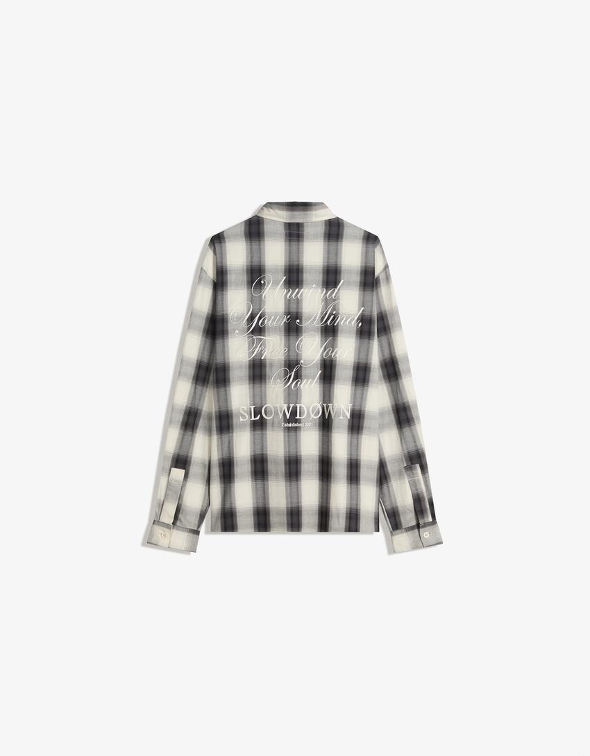 Long-sleeve embroidered check shirt-Grey