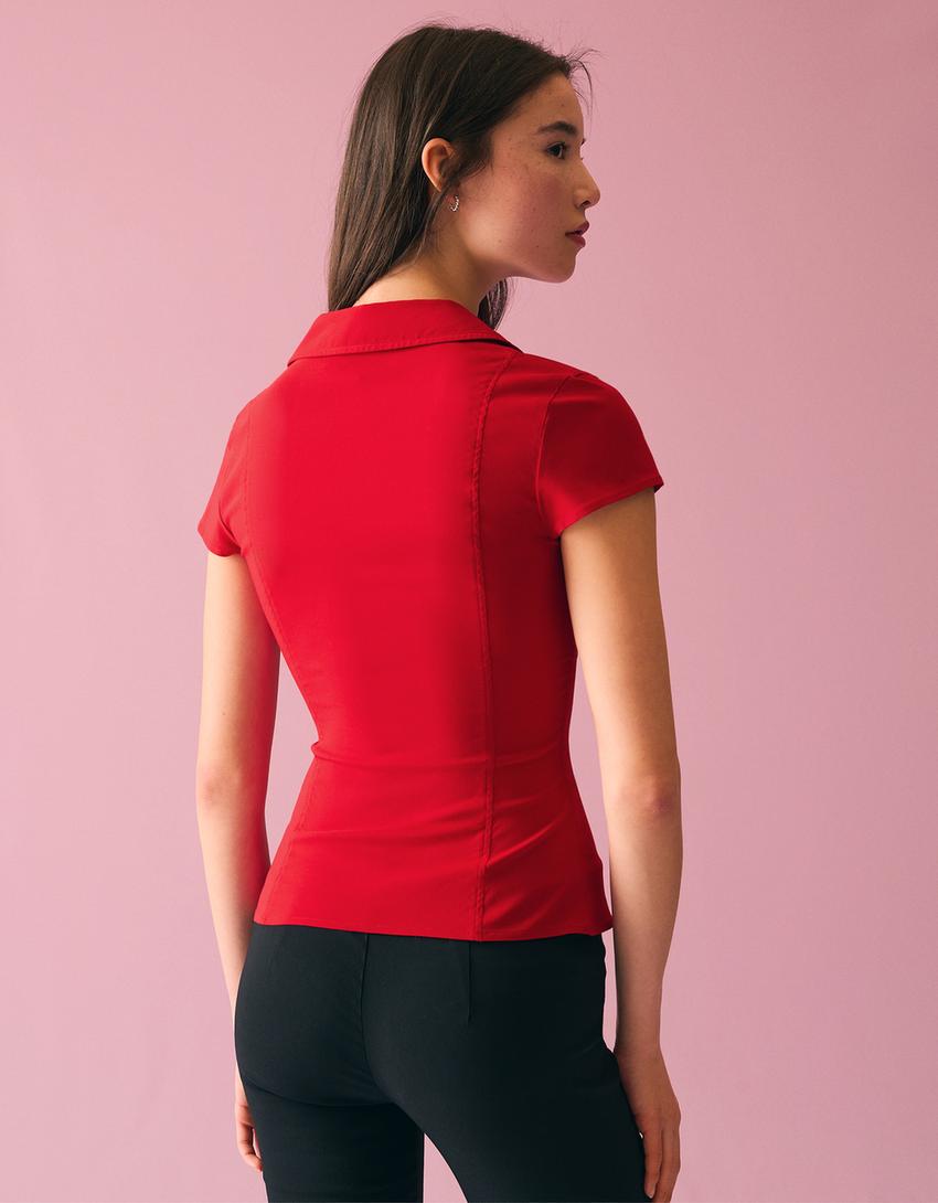 Kısa kollu fermuarlı gömlek-Kırmızı
