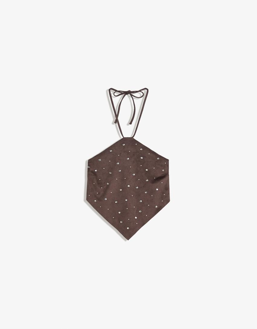 Faux suede top with studs-Brown-4