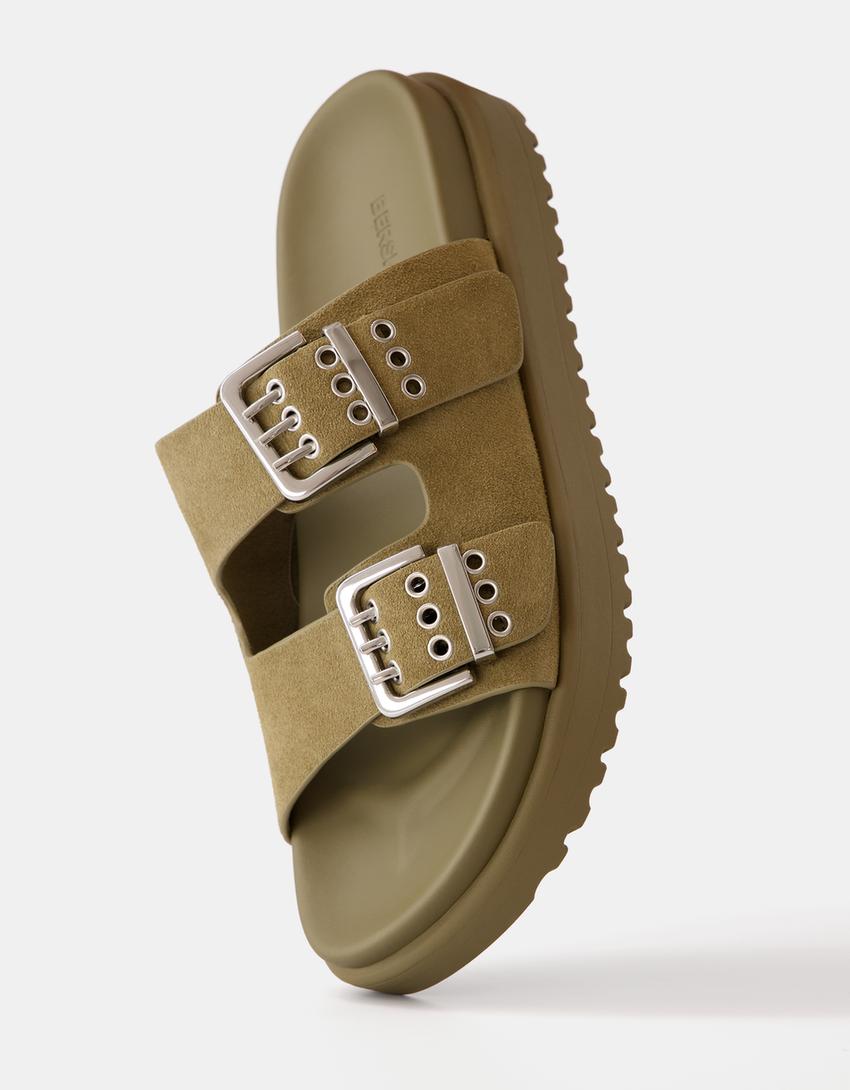LEATHER buckled flat slider sandals-KHAKI-2