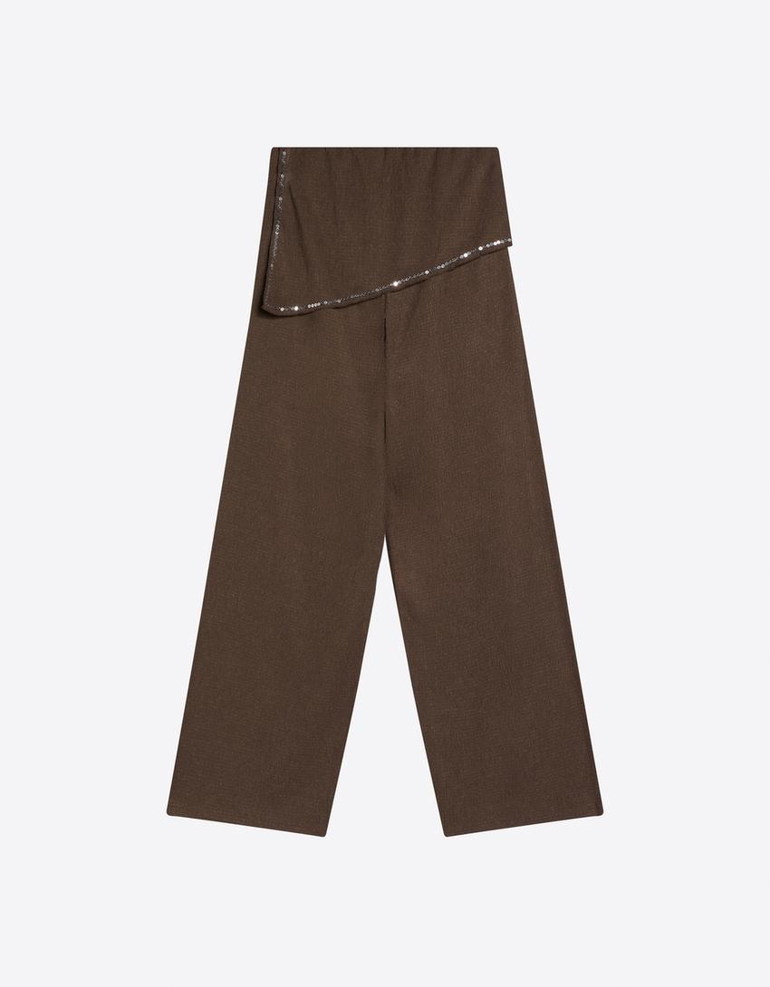 Celana panjang kaki lebar detail rok payet-Cokelat