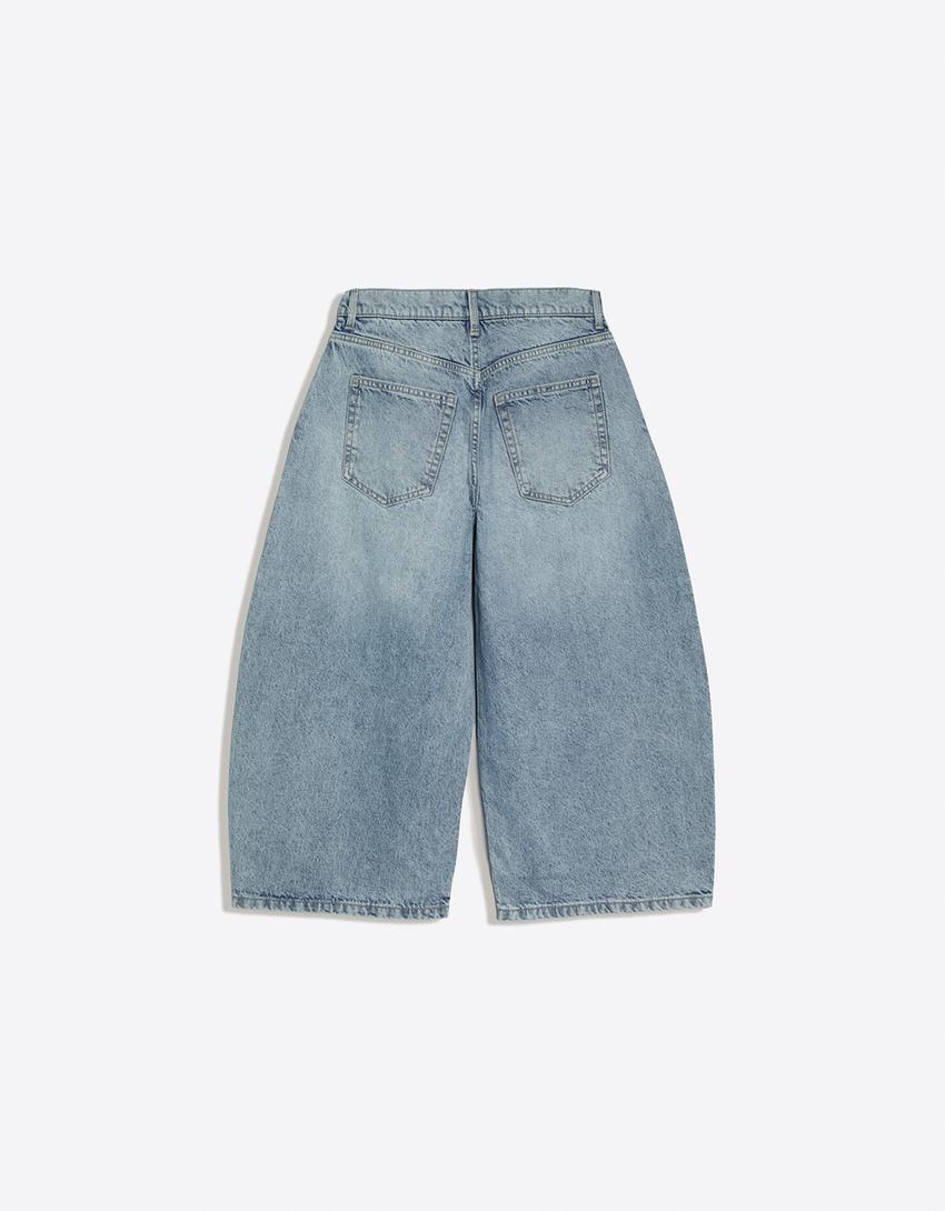 Slouchy denim bermuda şort-Açık mavi
