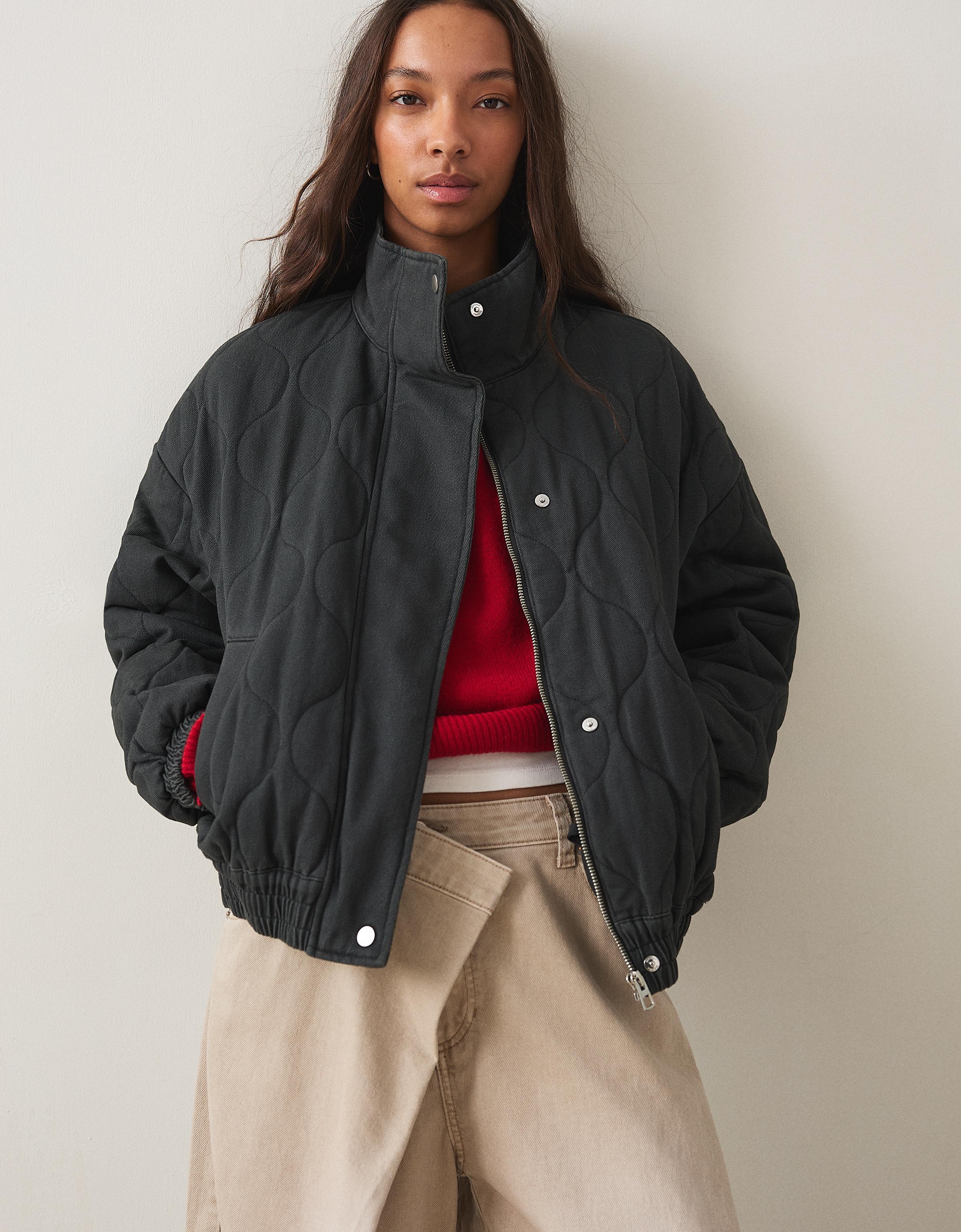 Bershka Jacke Mit Zopfmuster-Stickerei Damen Xs-S Dunkelgrau