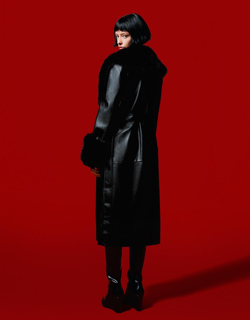 Manteau en similicuir et fausse fourrure-Noir