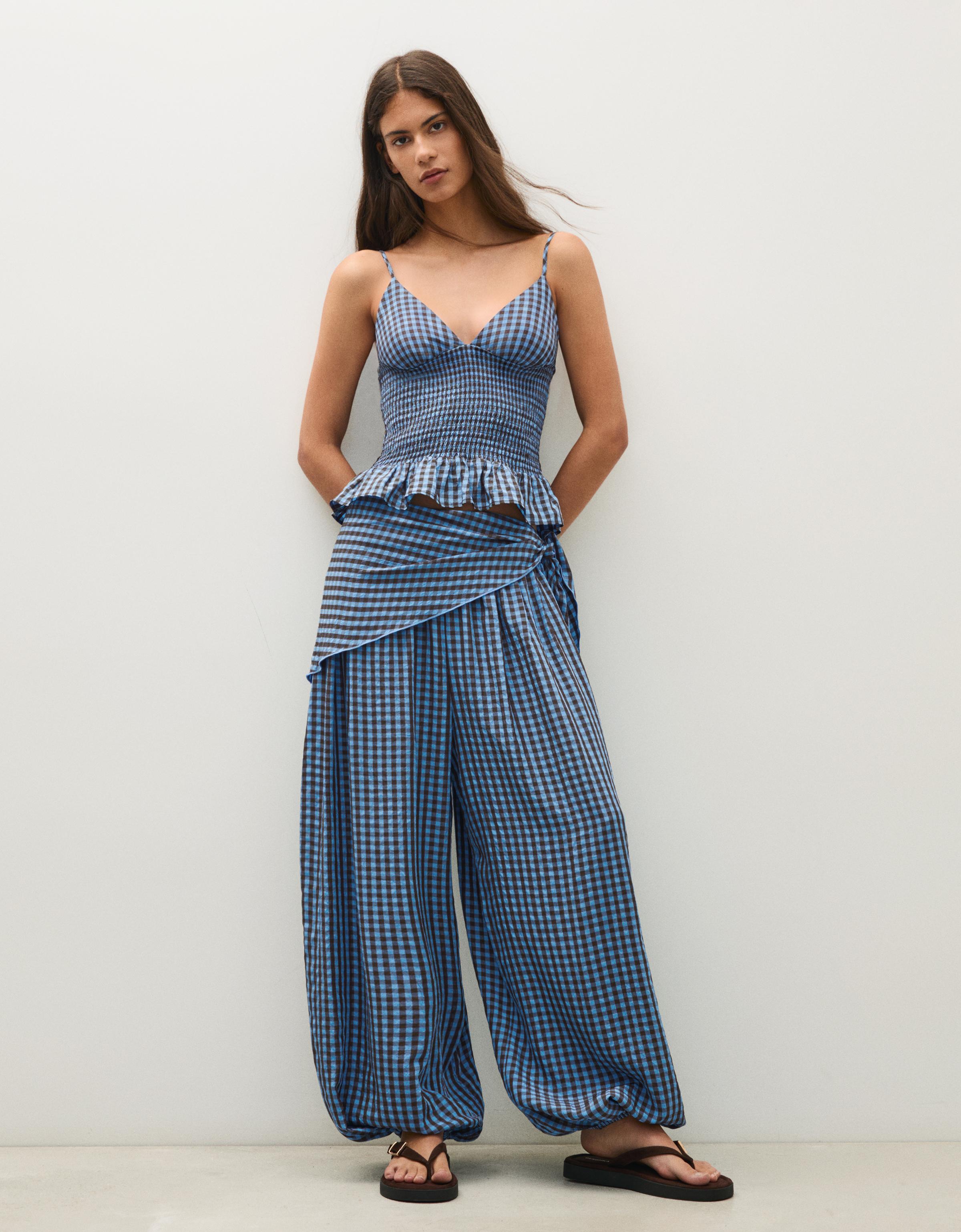 Bershka Pantalón Bombacho Pañuelo Mujer L Azul