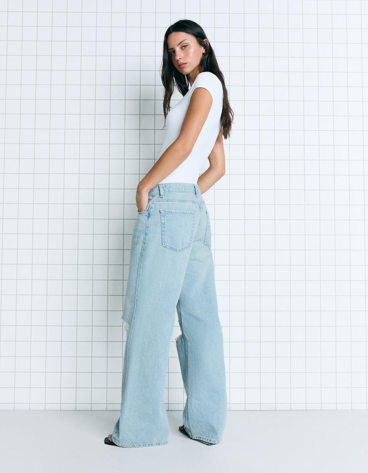 Distressed geniş paça jean