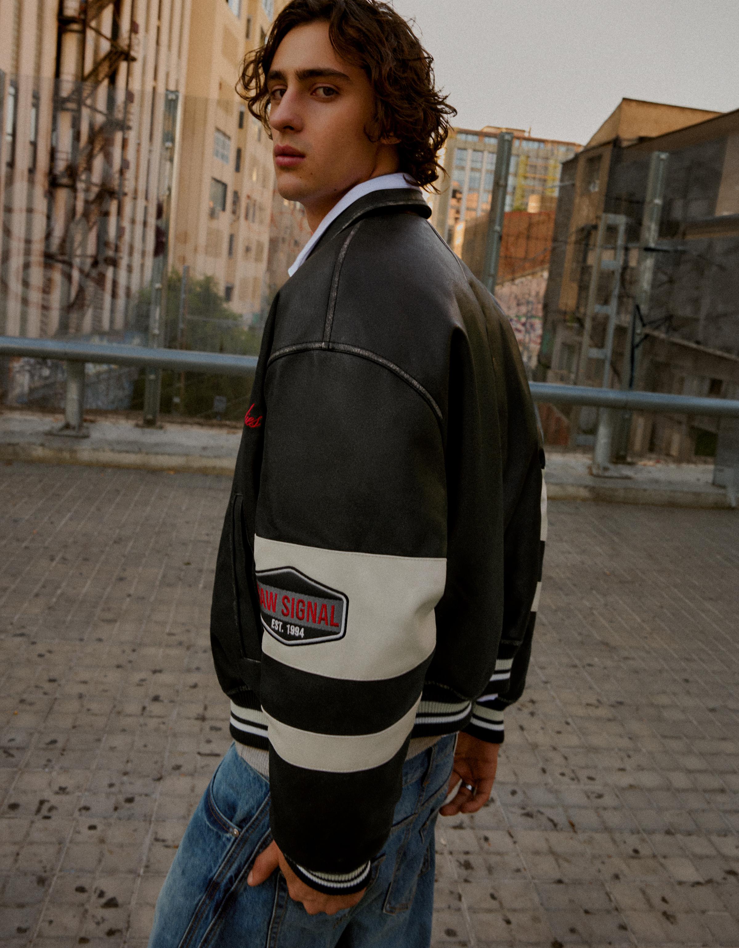 Graphic leather effect jacket — Black