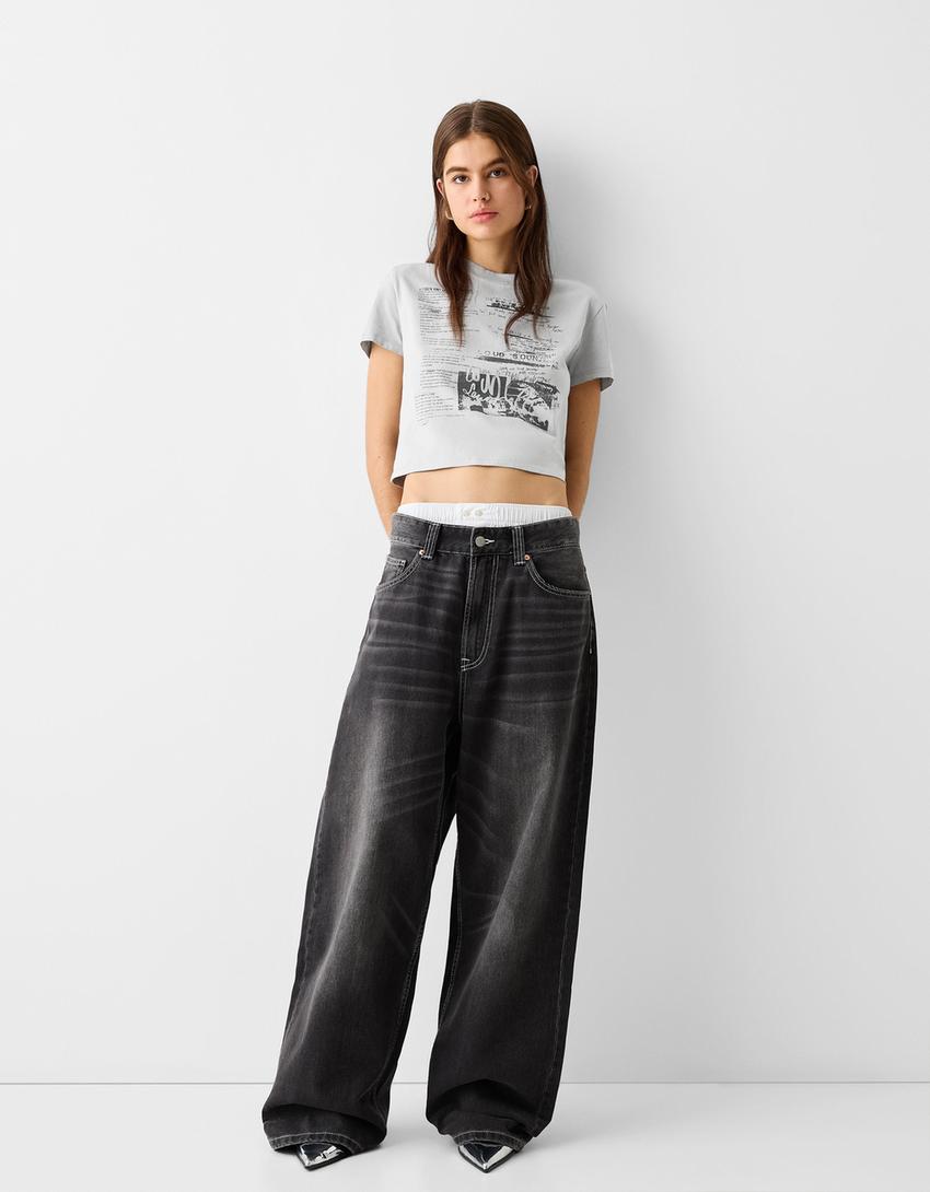 تيشرت بطبعة بتأثير باهت وأكمام قصيرة-رمادي-3