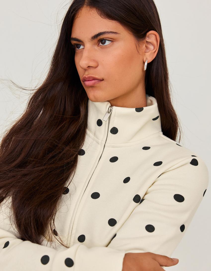 Polka dot zip-up sweatshirt-Cream