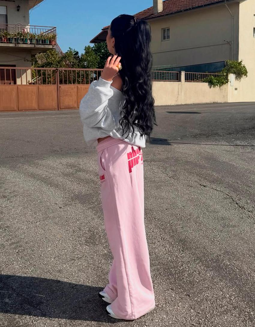 Pantalon wide leg molletonné imprimé-Rose