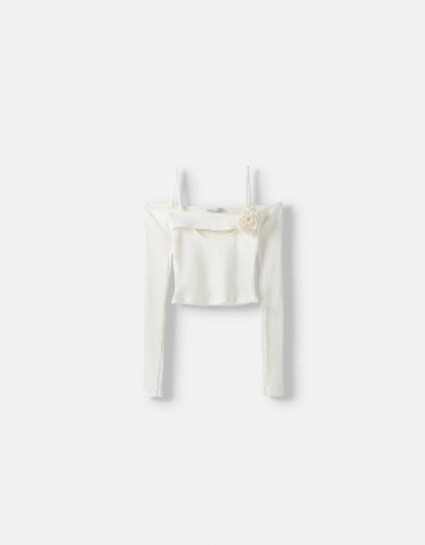 تيشرت بأكمام طويلة وتفصيل أزهار ودرزات-كريمي-4