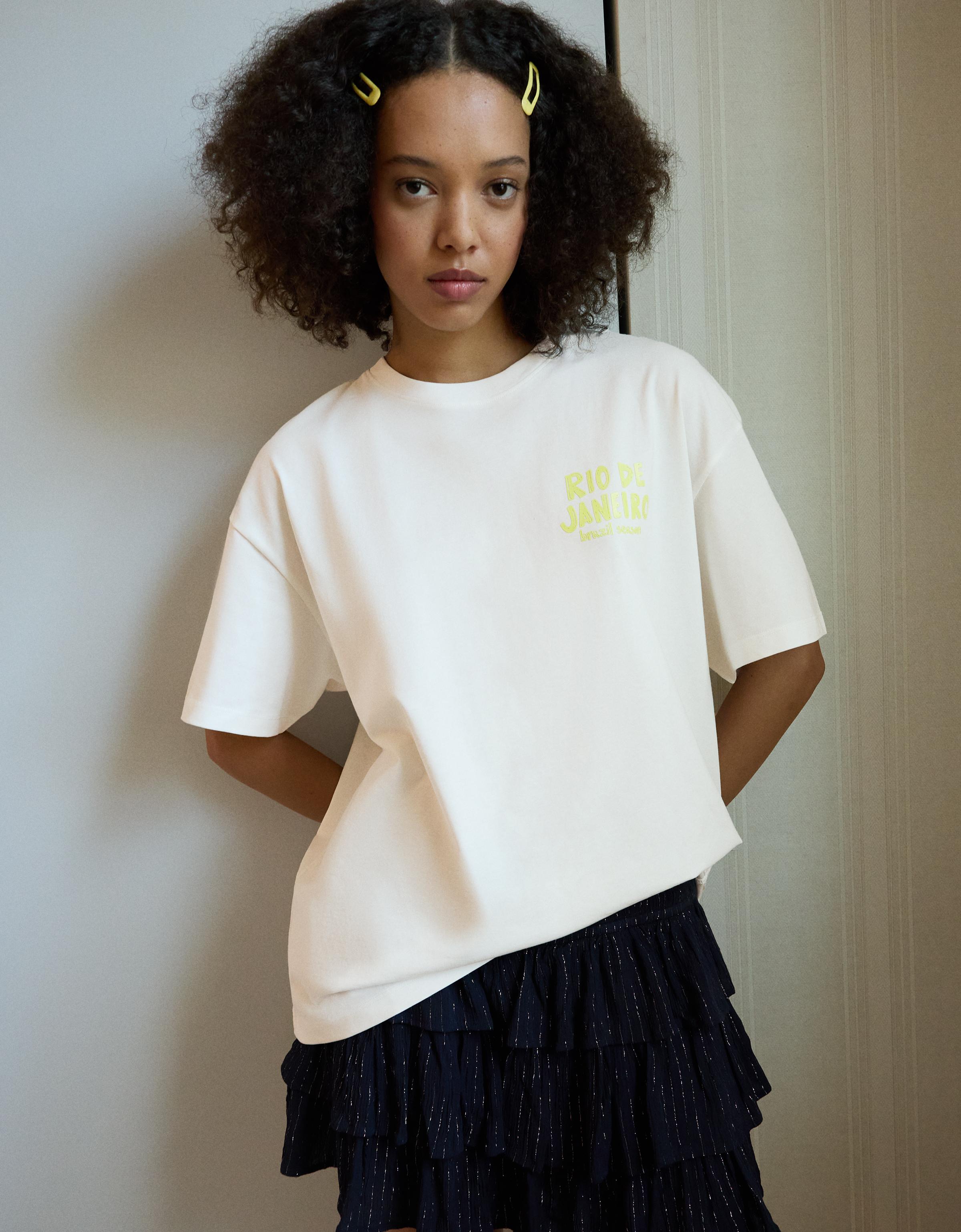 Bershka Camiseta Manga Corta Print Mujer L Blanco Roto