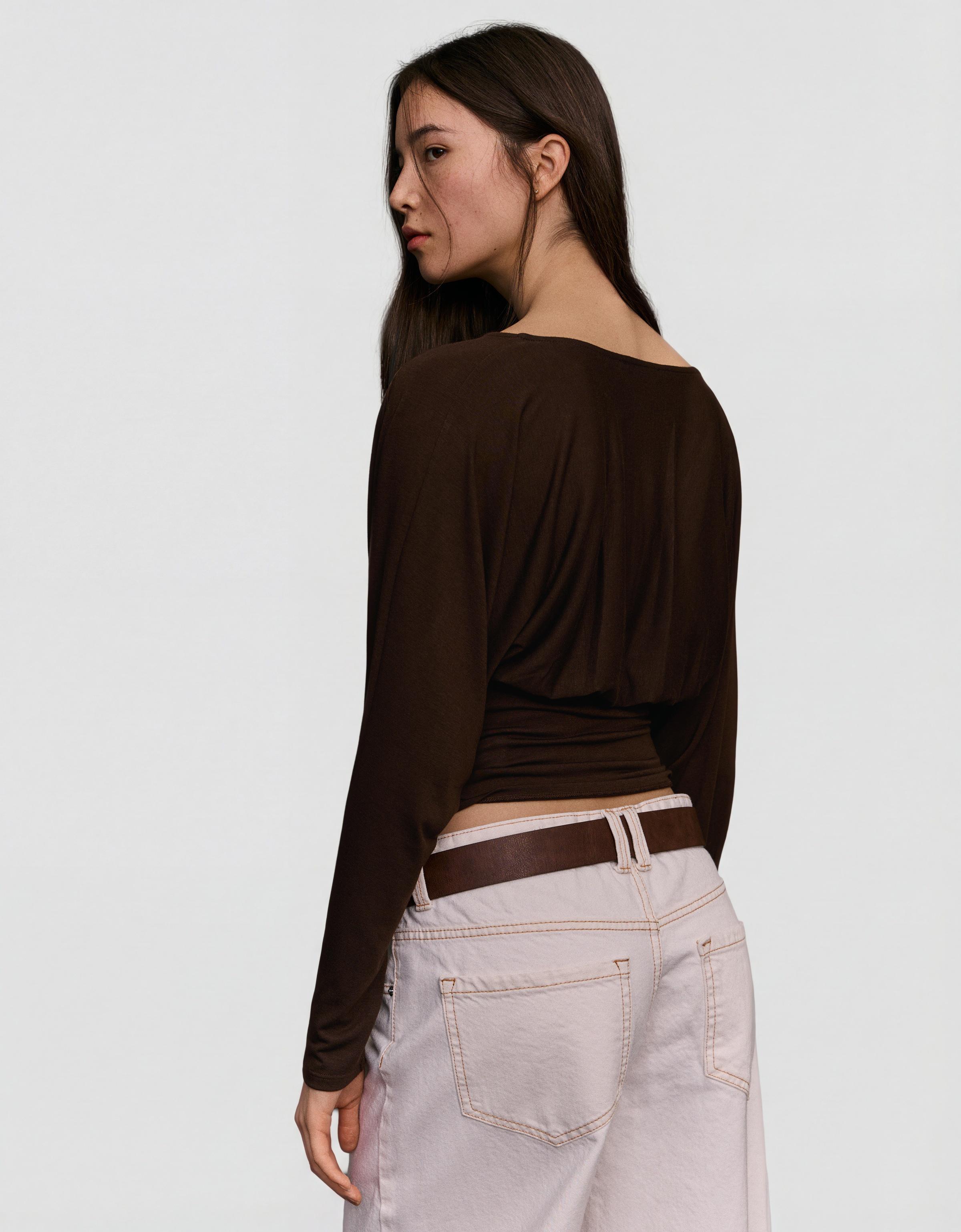 Long-sleeve ruched T-shirt — Brown