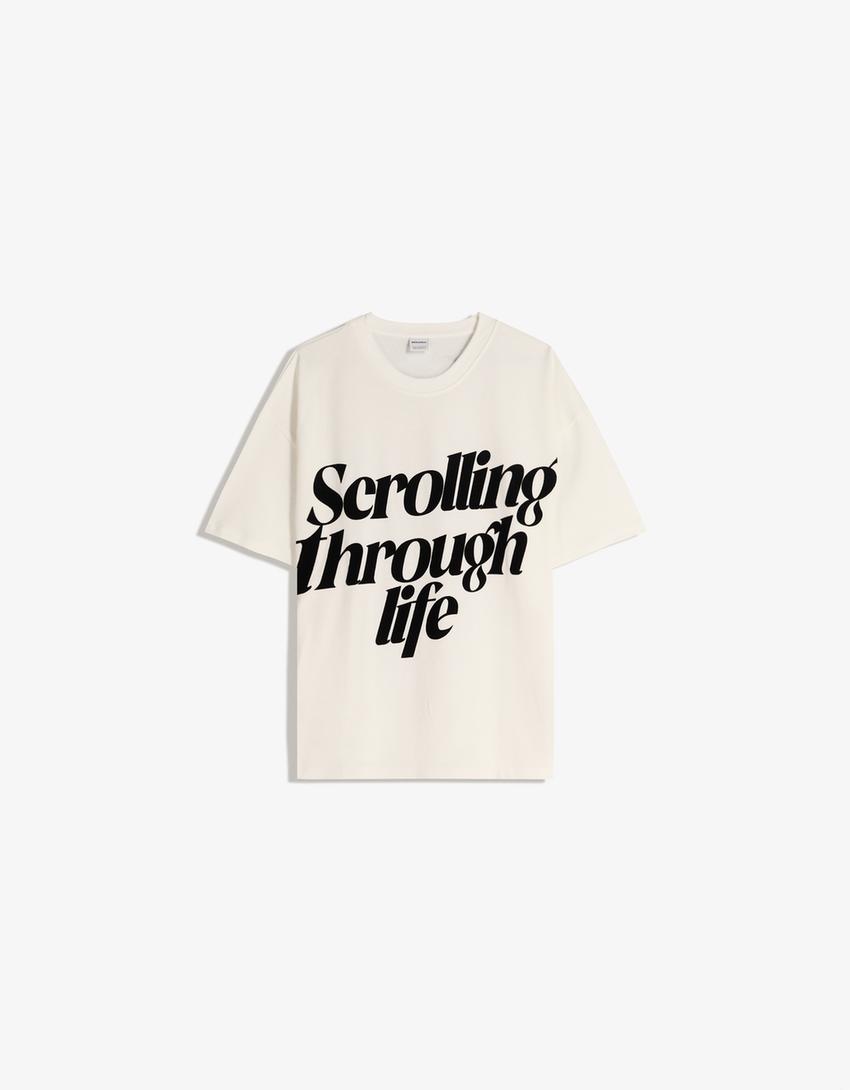 T-shirt manches courtes oversize imprimé-Blanc cassé