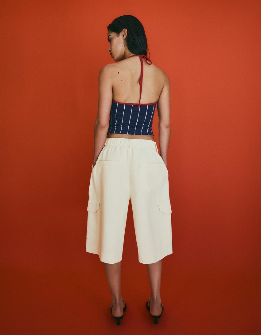 Bermuda cargo wide leg à pinces-Blanc cassé