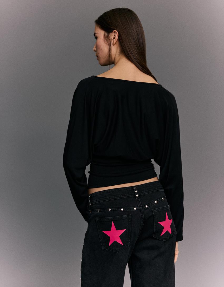 Langarmshirt mit Raffung-Schwarz