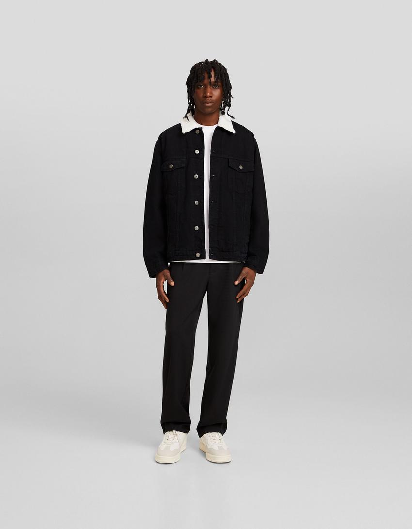 Faux shearling denim jacket-Black-3