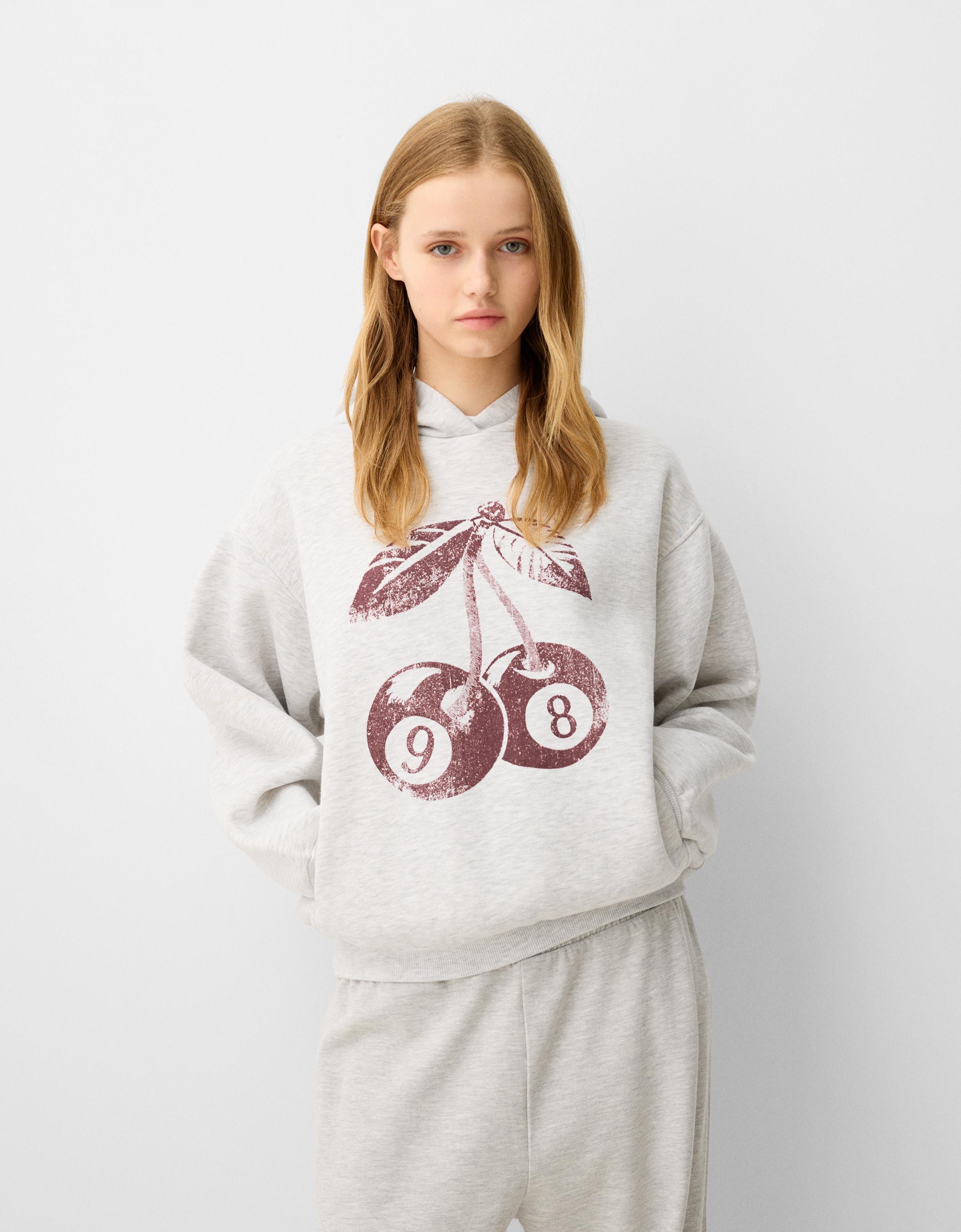 Bershka Hoodie Mit Print Damen 10-12 Grau