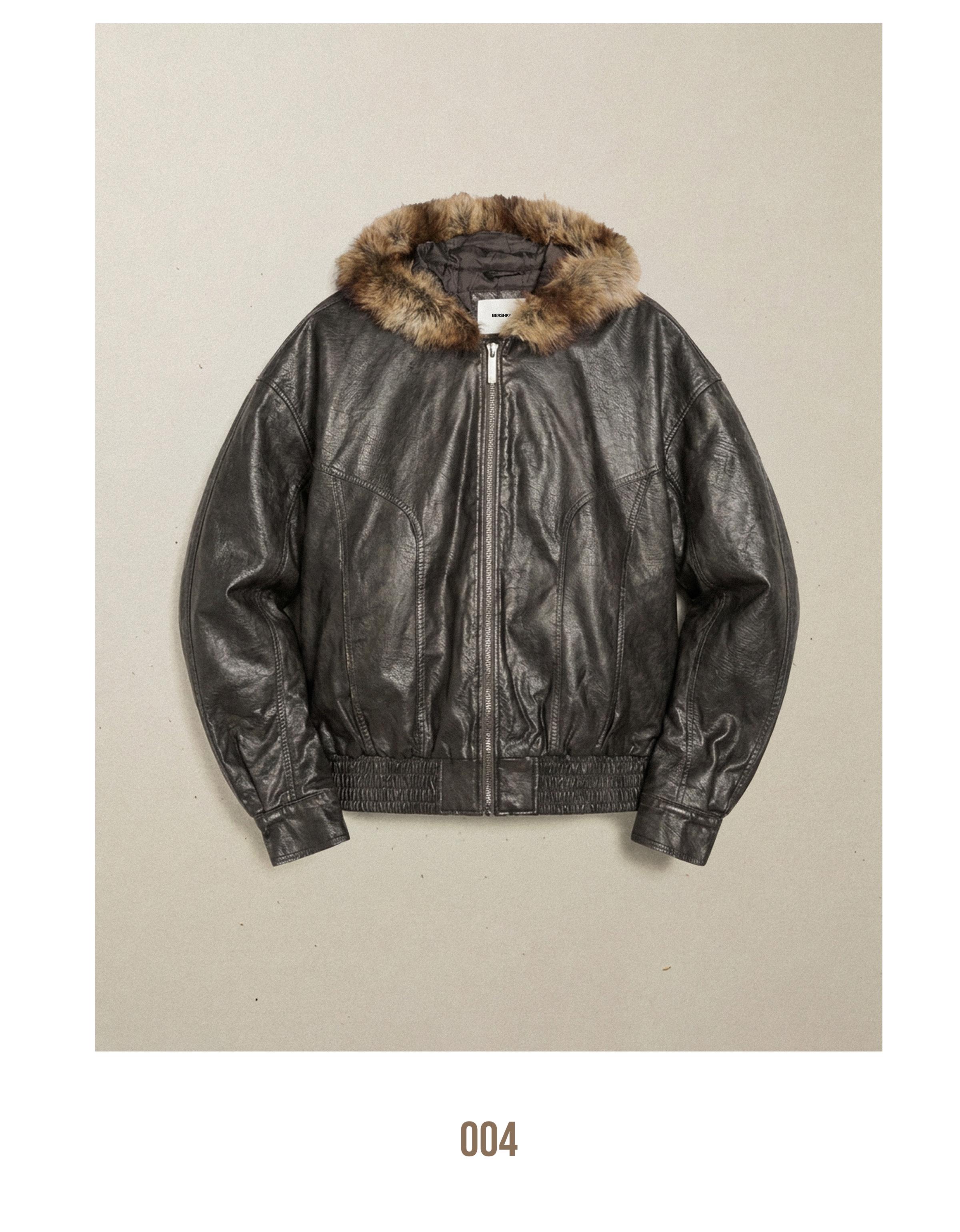 Leather effect jacket with faux fur hood — Brown