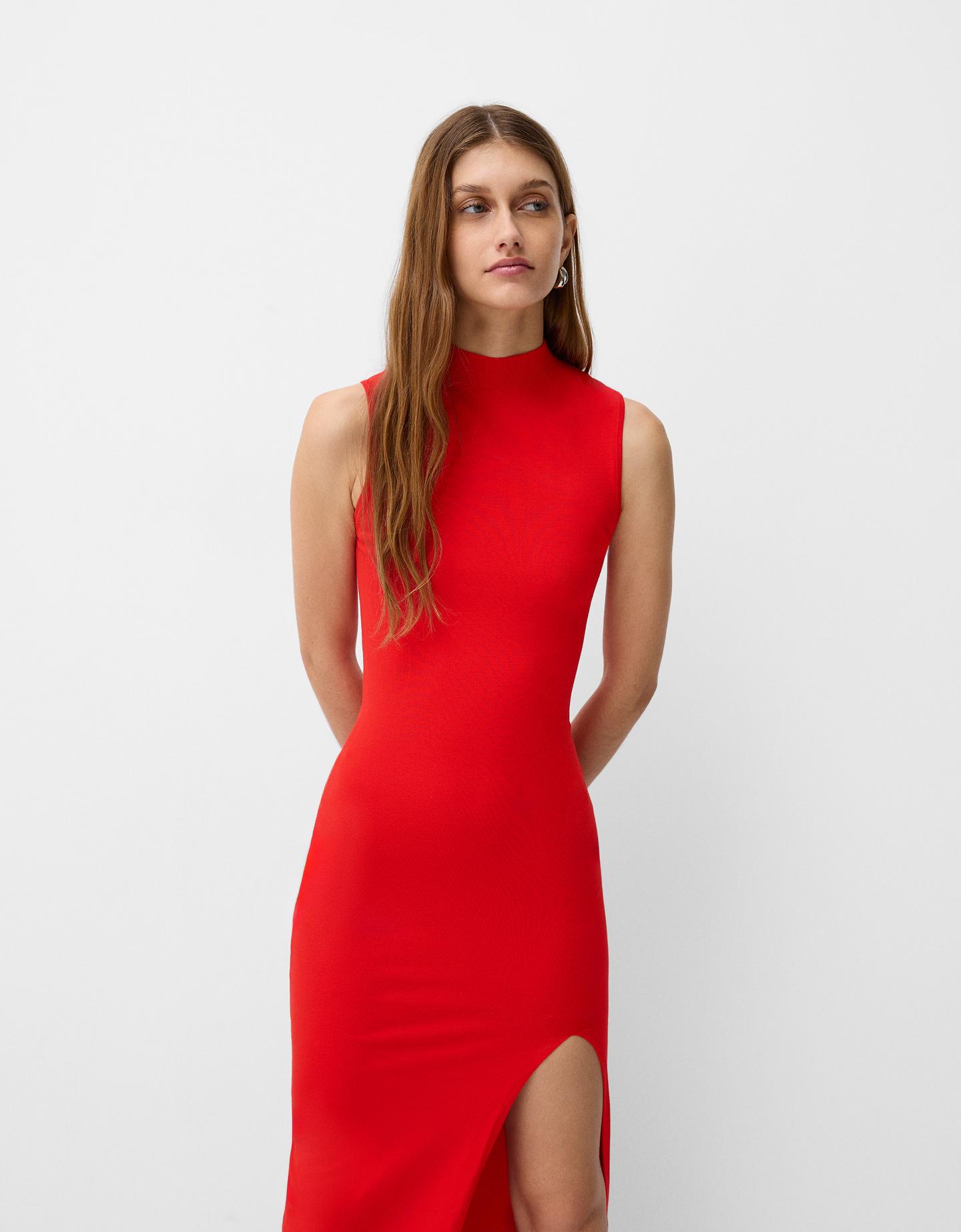 Bershka Vestito Midi Con Collo Alto Donna L Rosso