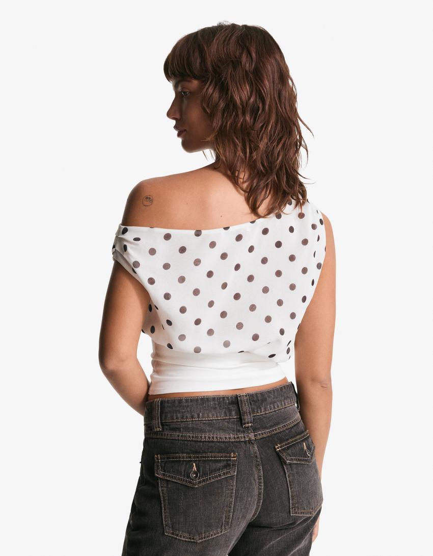 Top asimétrico lunares-Blanco / Negro