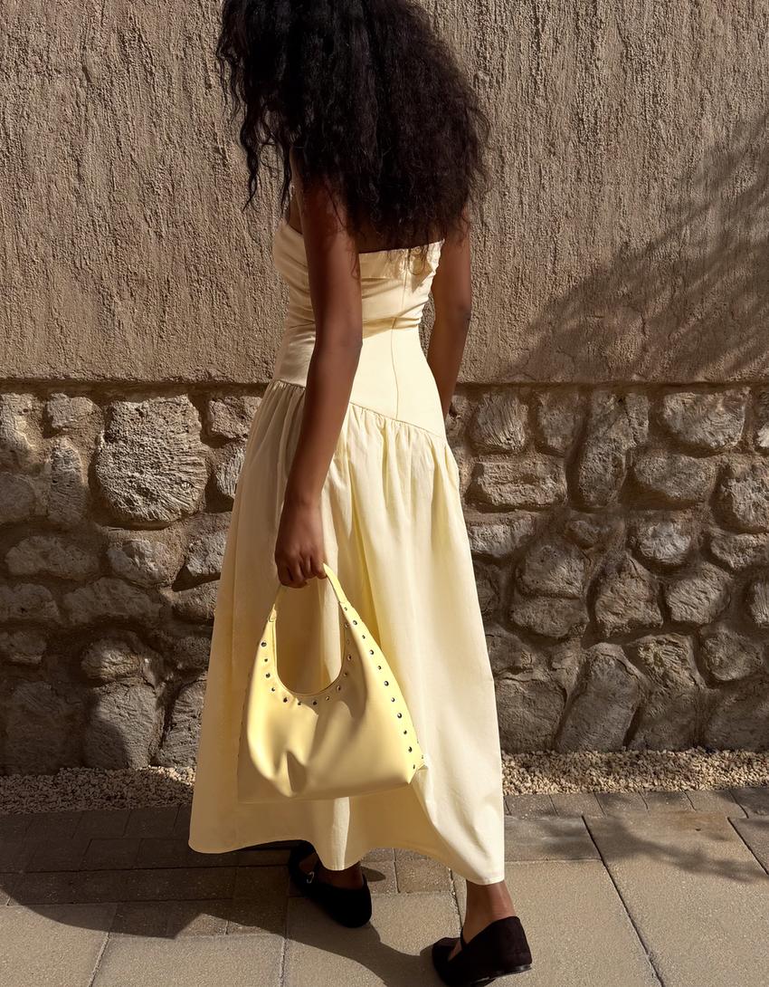 فستان ميدي بدون حمالات-أصفر