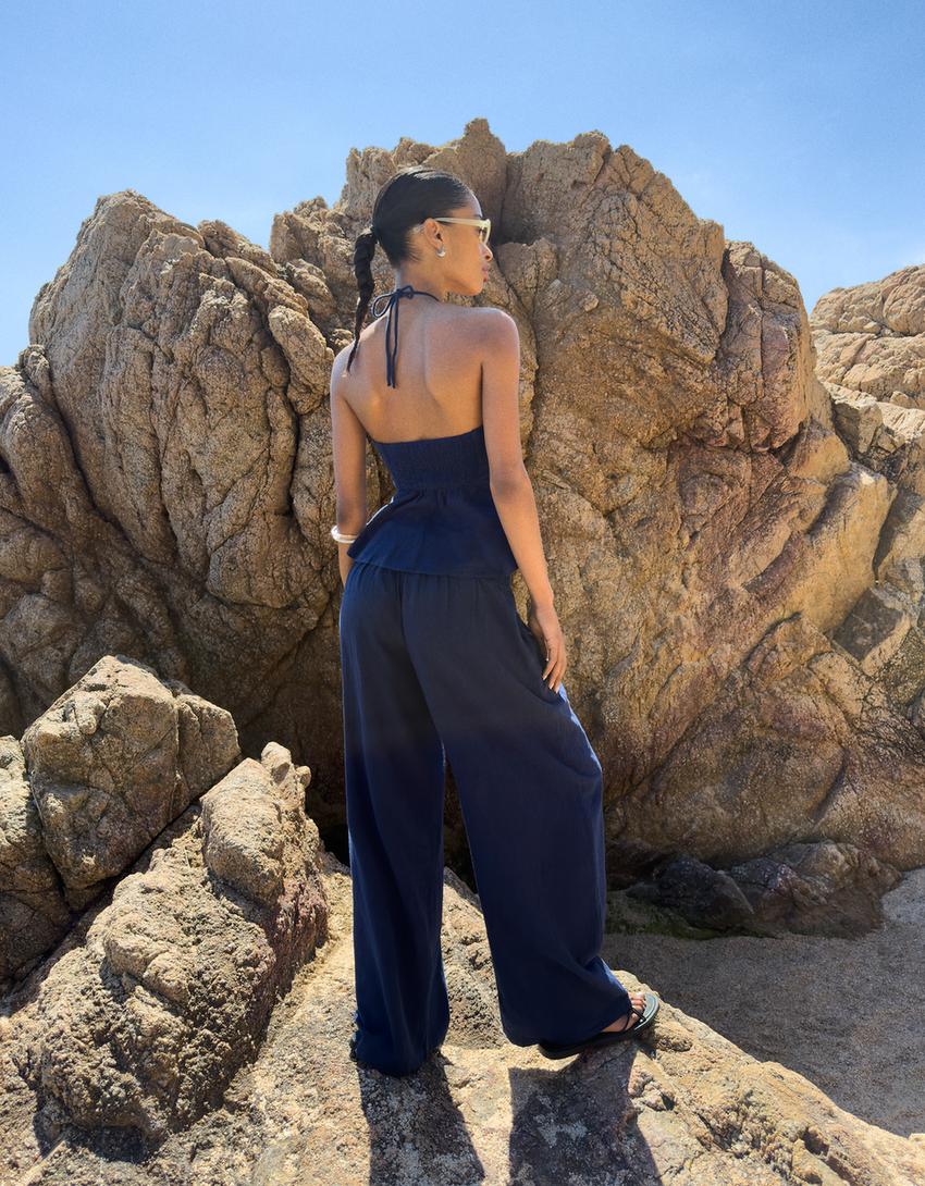 Pantalon wide leg rustique pinces-Marine-1