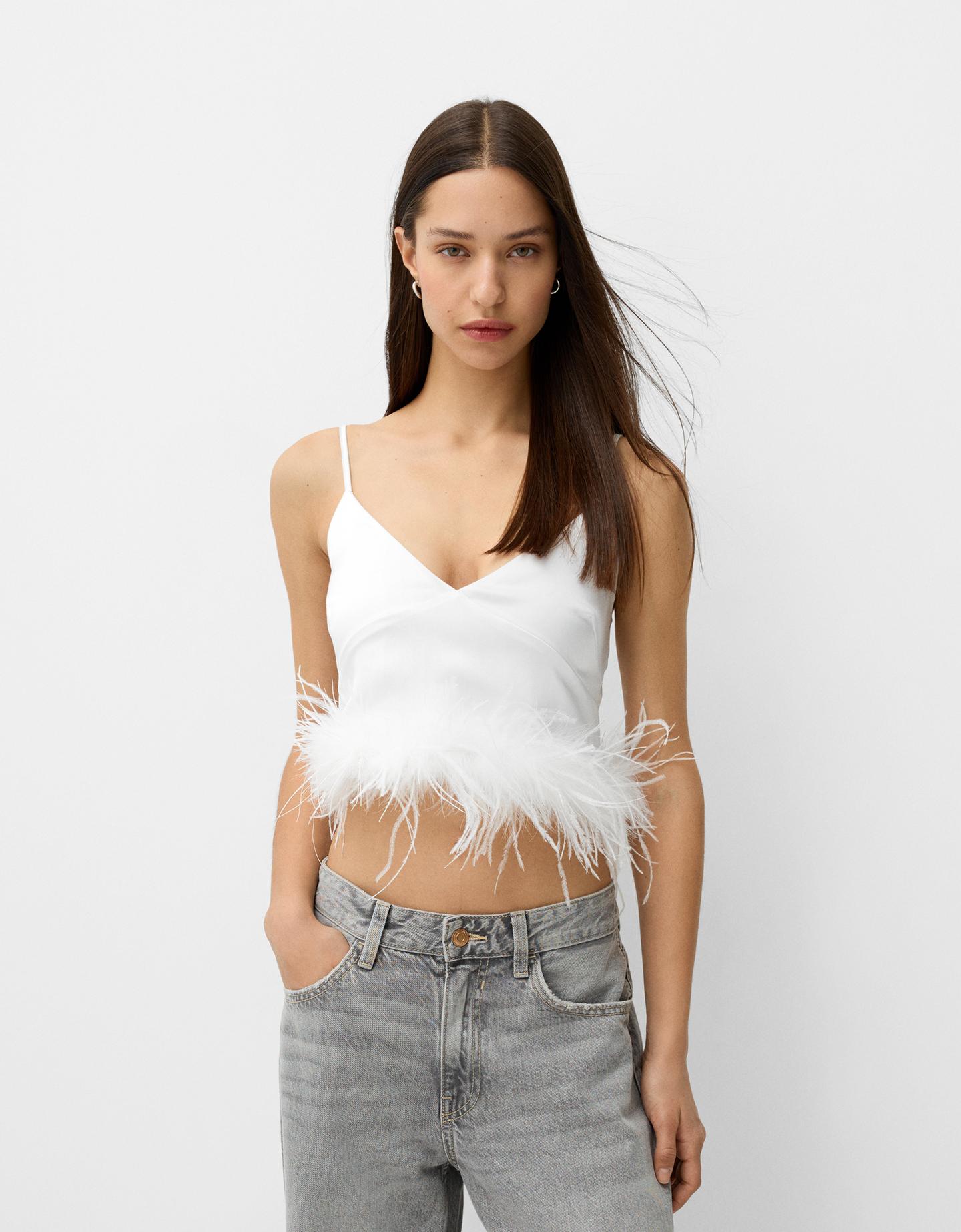 Bershka Top Cropped Plumas Mujer M Blanco