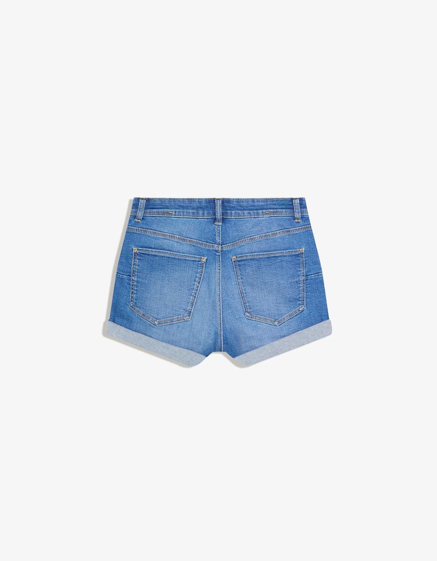 Denim roll-up shorts-Light blue