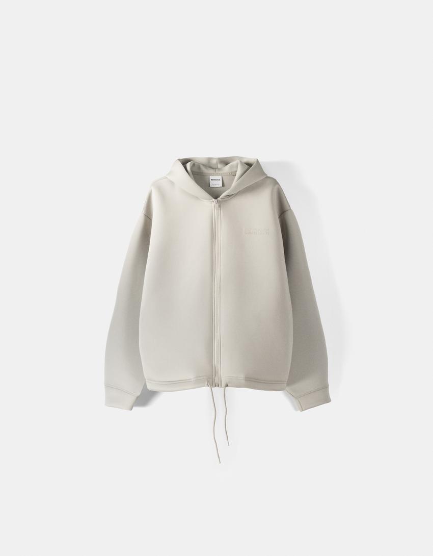 Zip-up slogan hoodie-Grey-4