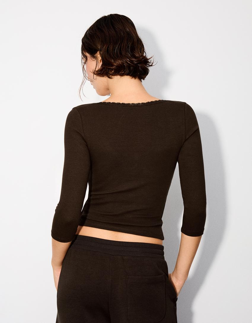 Maglietta maniche lunghe scollo a V pizzo-Marrone