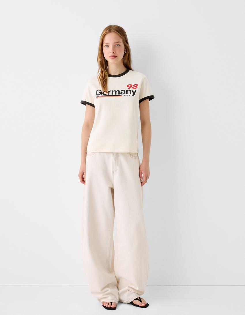 Kısa kollu kontrast detaylı spor t-shirt-Krem-3