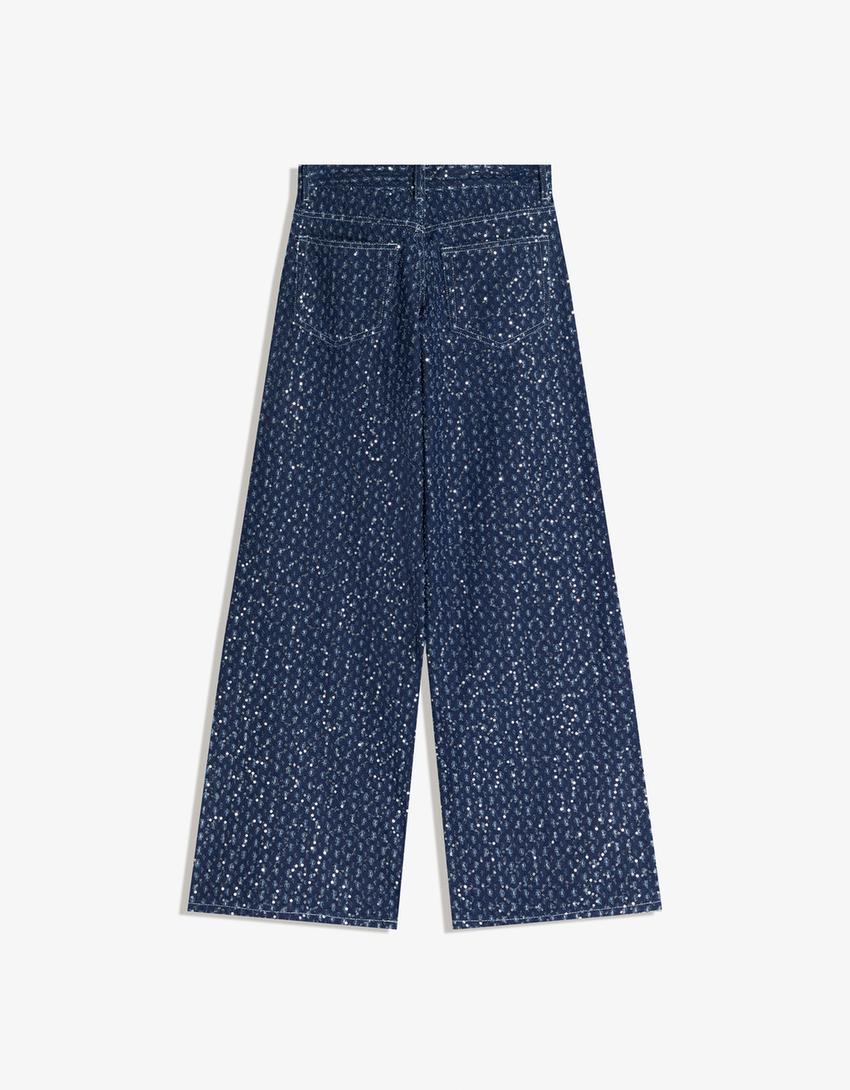 Sequinned wide-leg jeans-Navy