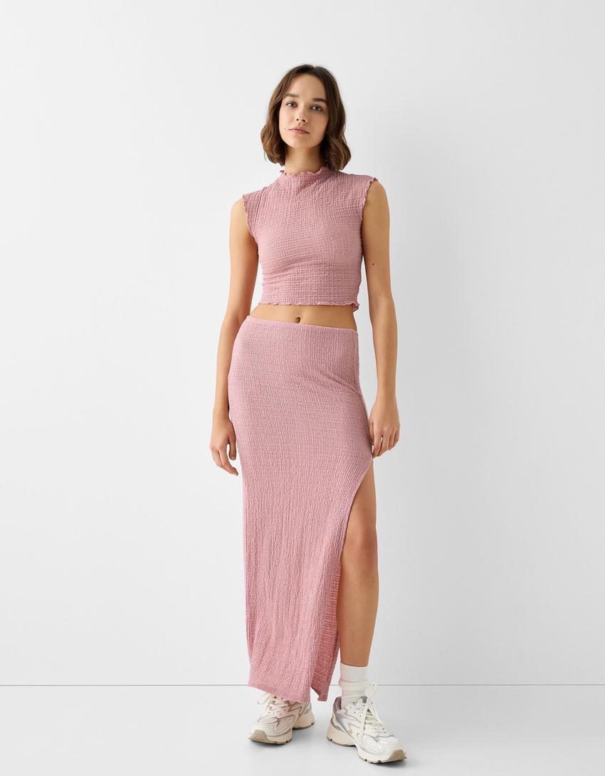 Waffle-knit top and skirt set-Pink-0