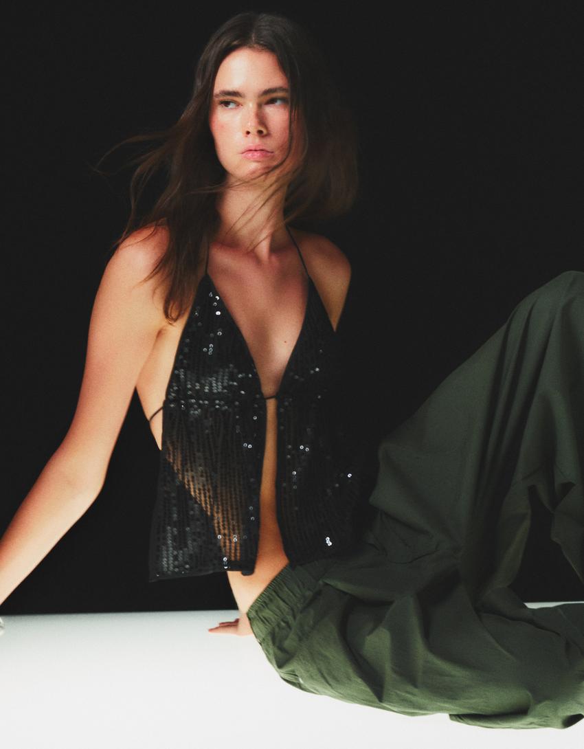 Sequined halter neck top-Black