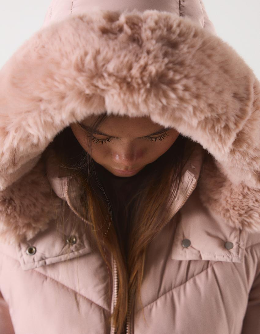 Puffy μπουφάν αδιάβροχο με κουκούλα και γούνα-Ροζ