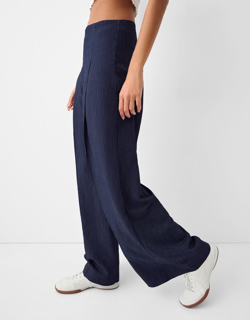 Wide-leg trousers with waistband detail-Blue-3
