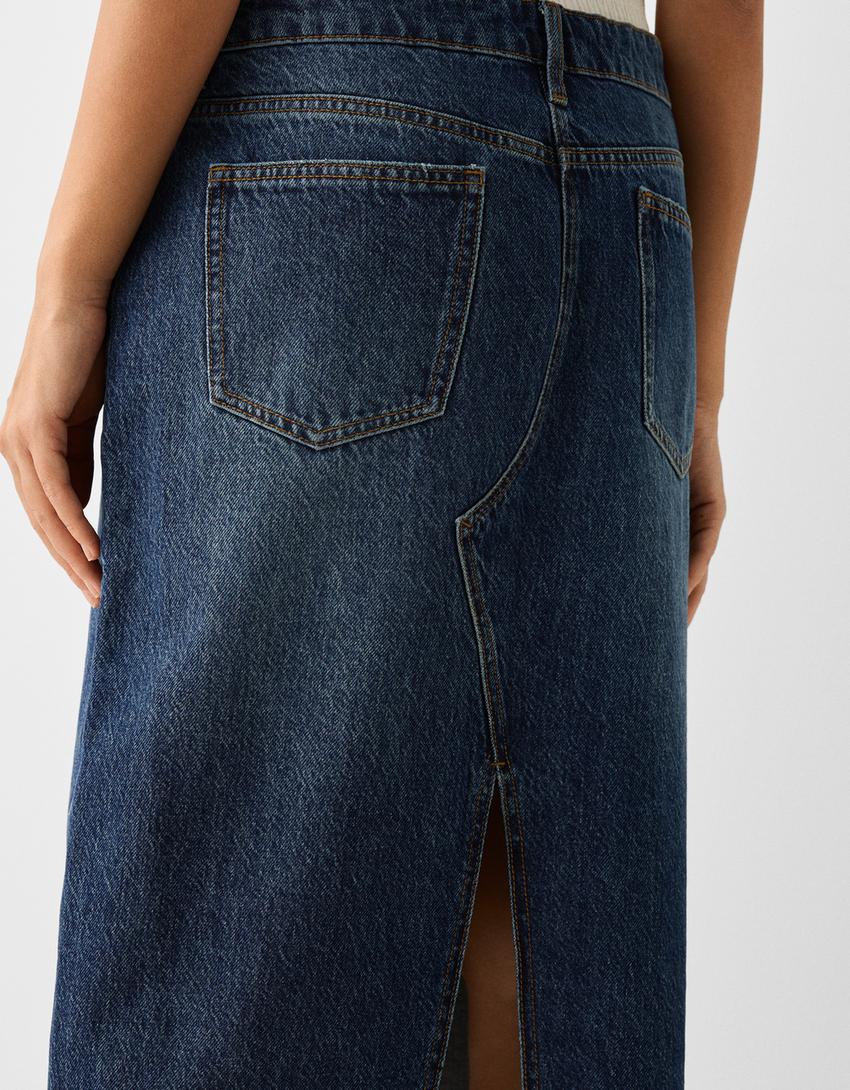 تنورة متوسطة الطول دنيم بسروال داخلي-أزرق-5