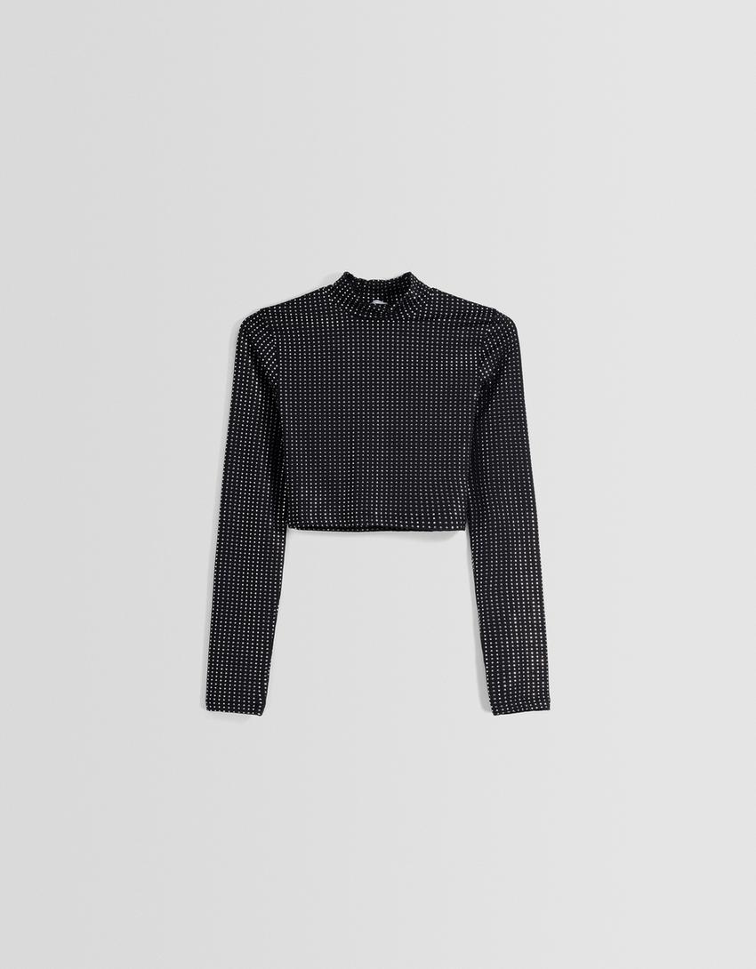 تيشرت لامع بأكمام طويلة وياقة عالية-رمادي-4