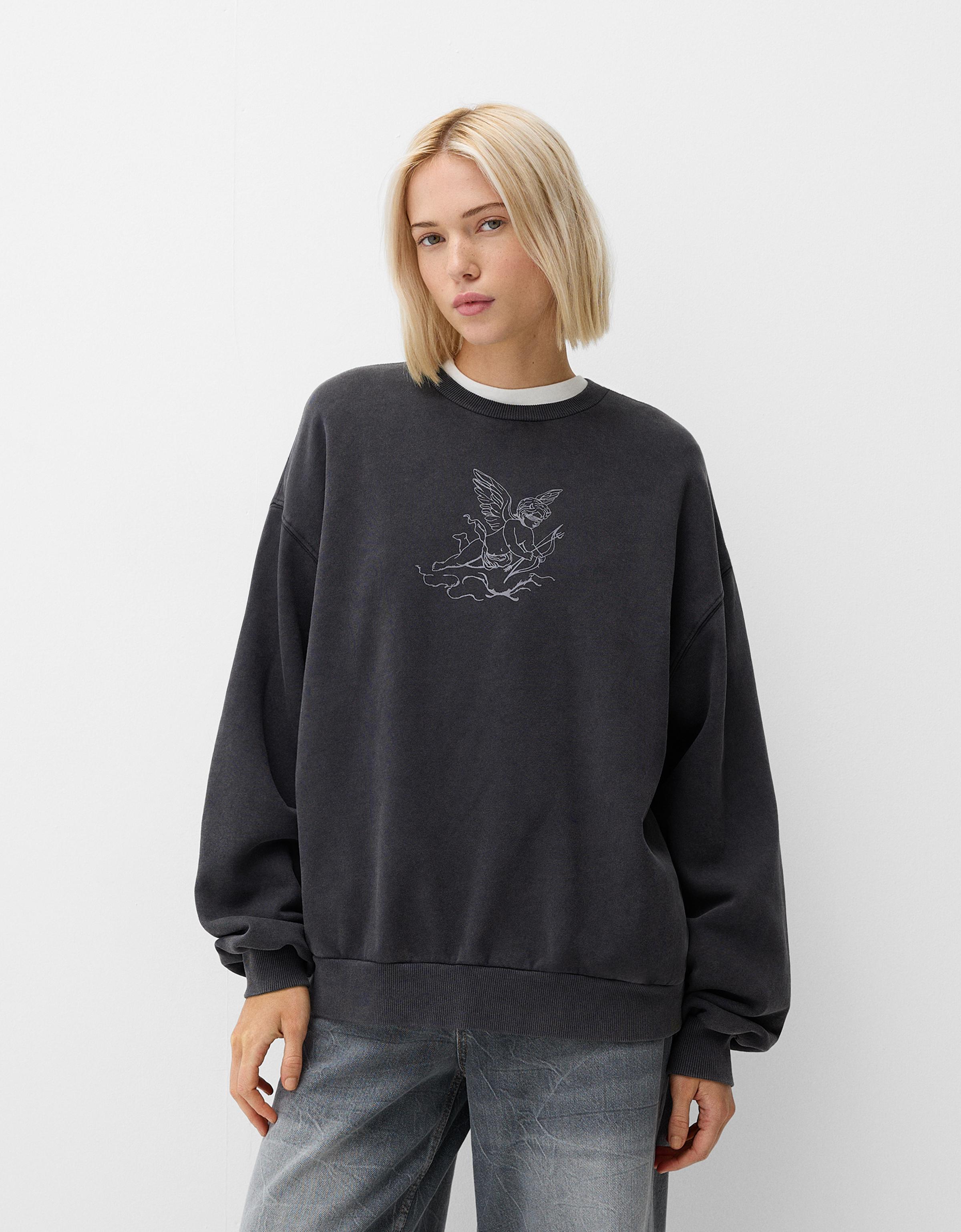 Bershka Sweatshirt Mit Print Und Stickerei Damen Xs Dunkelgrau