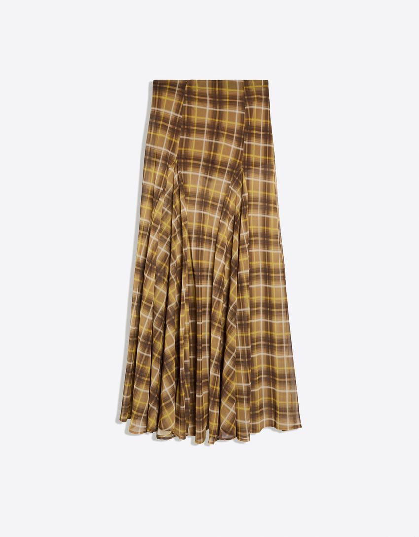 Flowy checked midi skirt-Camel
