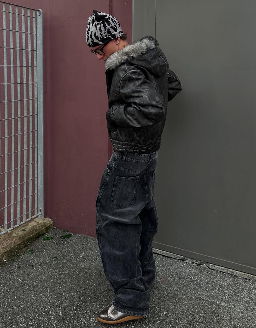 Pantalon super baggy fit en velours côtelé-Gris foncé