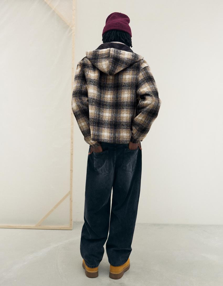 Куртка геометрического кроя в клетку с капюшоном-Черный