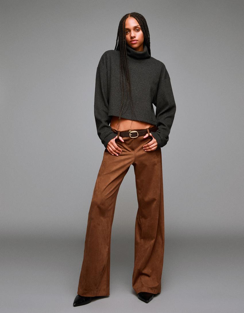 Wide-leg faux suede pants Pants Women Bershka