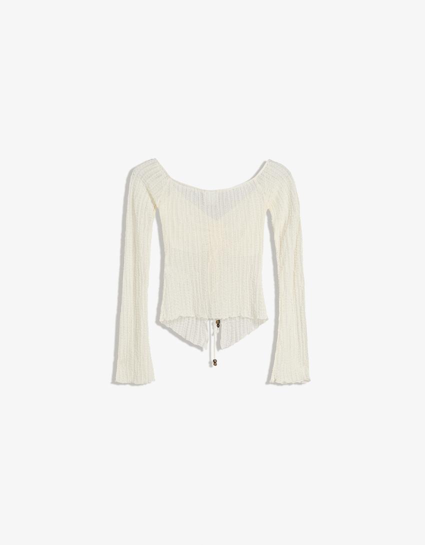 Rustic gathered knit sweater-Cream