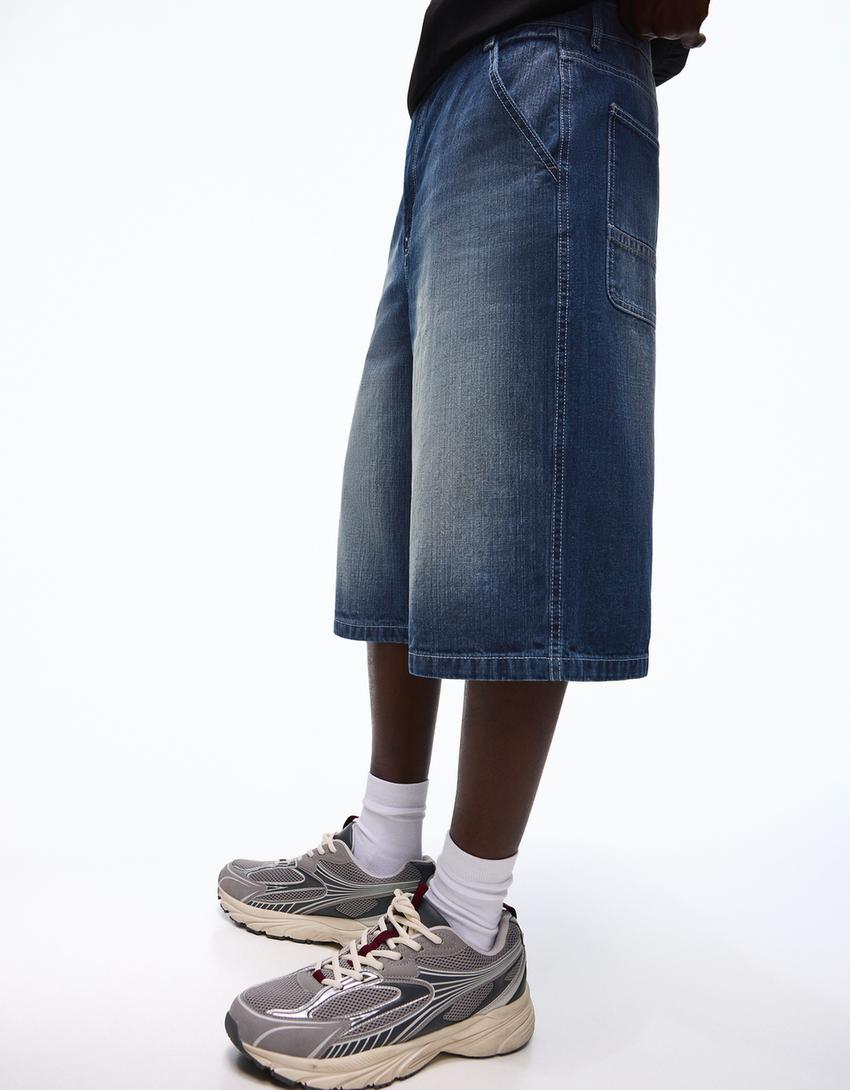 Calções bermuda denim Skater-Azul