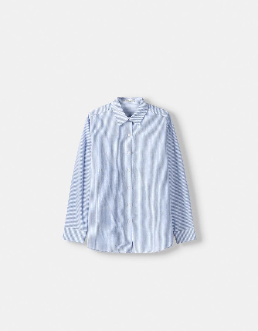 Striped long sleeve poplin shirt-Blue